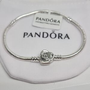 New Pandora Moments Rose In Bloom Claps Snake Chain Bracelet Size 7.1 Inches